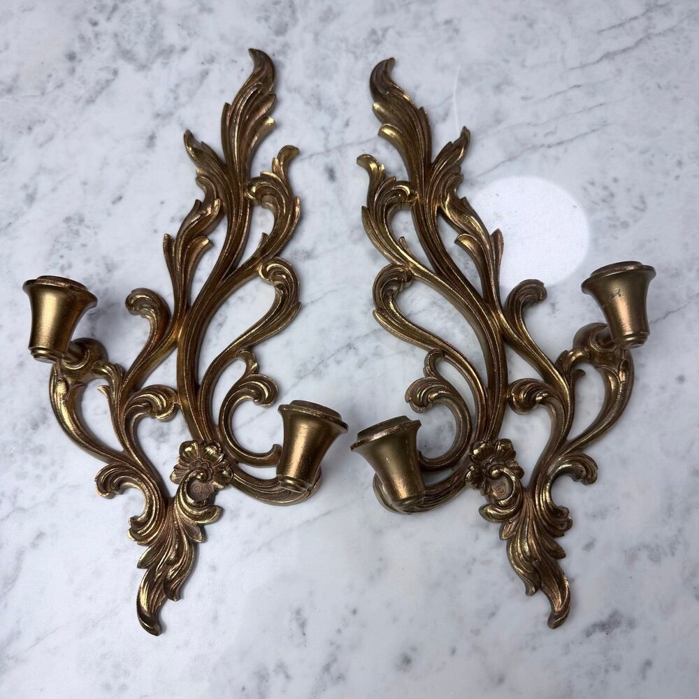 Vintage Syroco Wood MCM Candlestick Sconces Hollywood Regency Gold